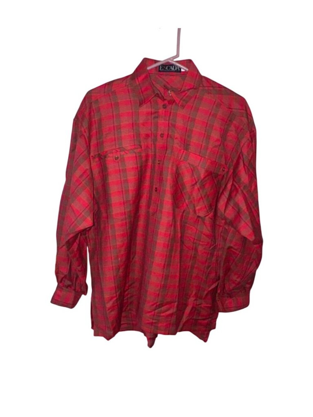 Vintage Escada Red Plaid Button-Up Shirt Wool Blend Made In Western Germany Sz38